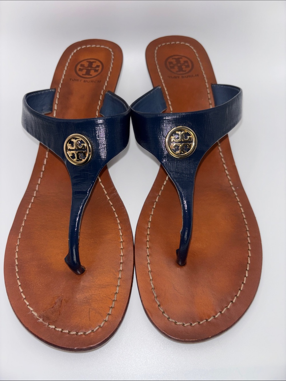 Tory Burch Navy Leather Wedge Thong Sandals